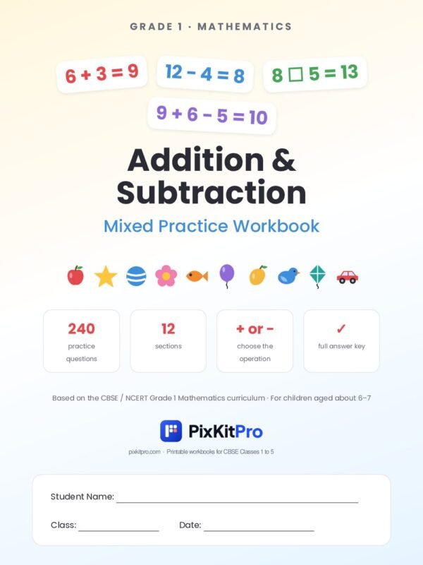 CBSE Class 1 Maths: Addition & Subtraction Mixed Practice Workbook – cover