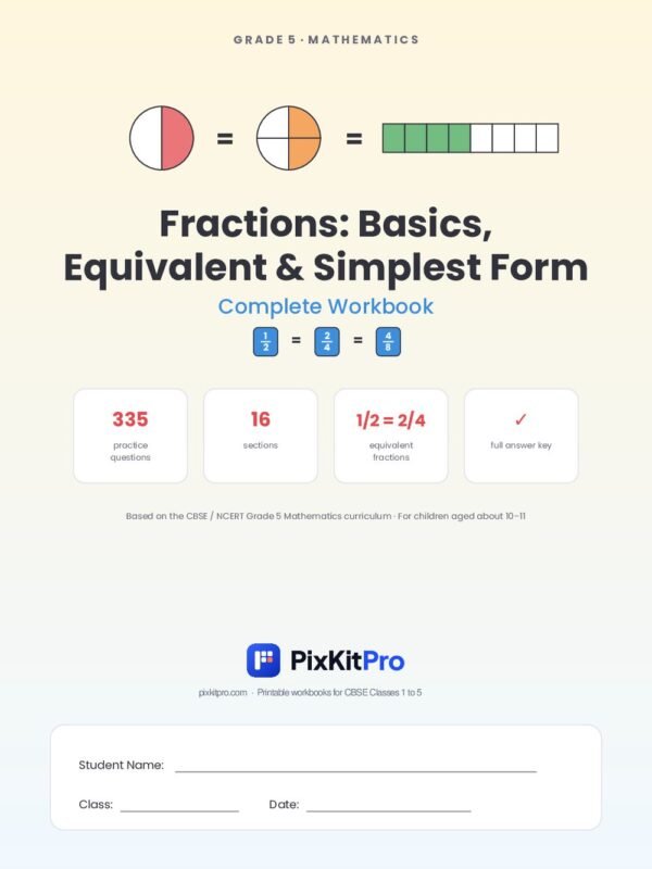 CBSE Class 5 Maths: Fractions Basics: Equivalent & Simplest Form Workbook – cover