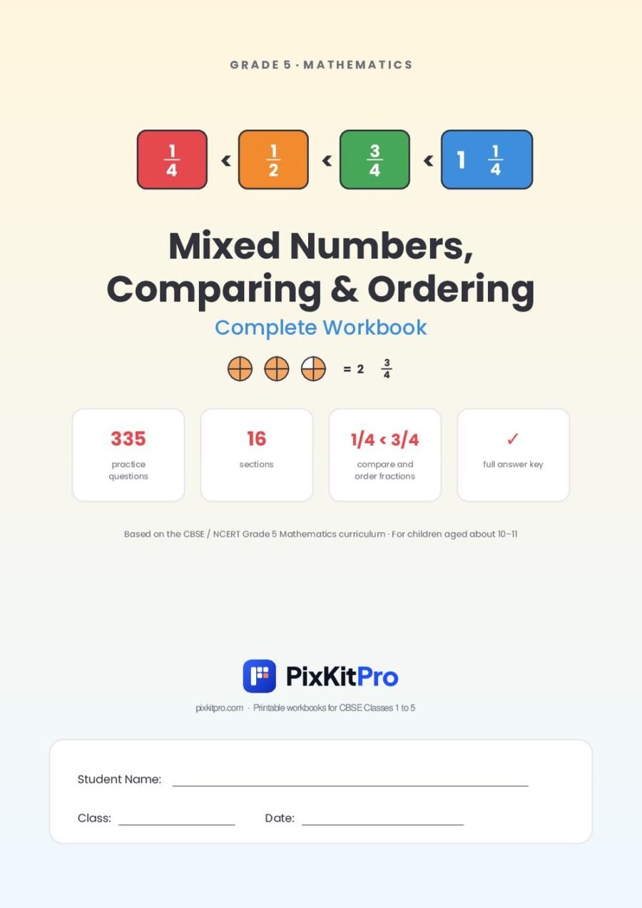 CBSE Class 5 Maths: Mixed Numbers, Comparing & Ordering Fractions Workbook – cover